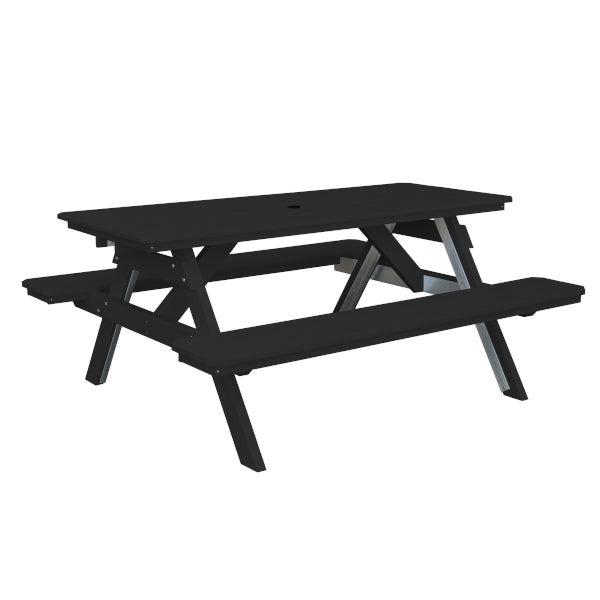 Recycled Plastic Table w/Attached Benches Table 6ft / Black / Include Standard Size Umbrella Hole