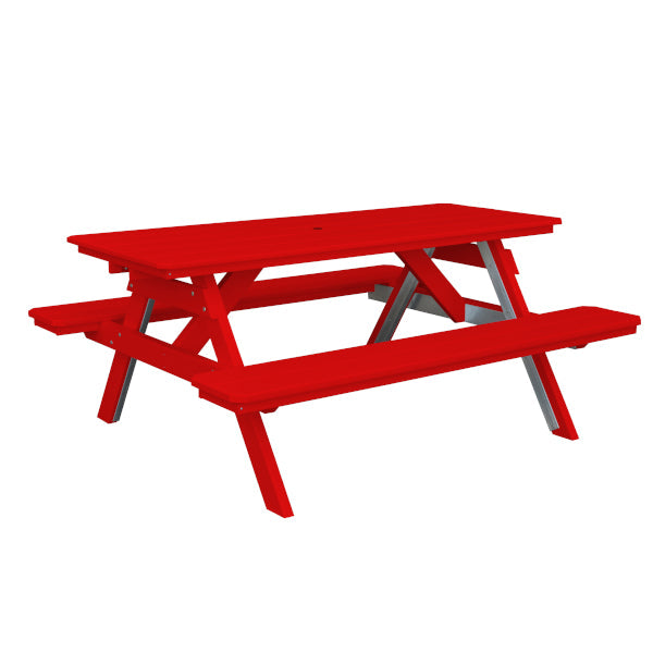 Recycled Plastic Table w/Attached Benches Table 6ft / Bright Red / Include Standard Size Umbrella Hole