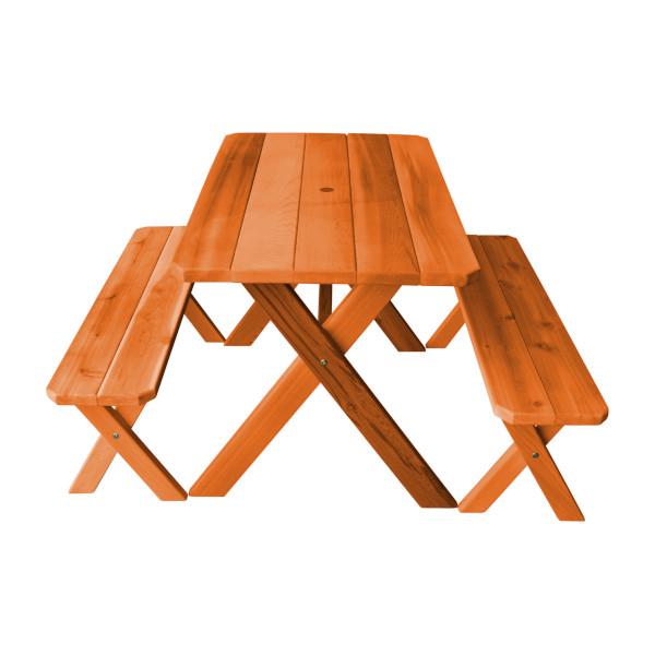 Western Red Cedar Crossleg Picnic Table with Two Benches Picnic Table 4ft / Redwood Stain / Include Standard Size Umbrella Hole