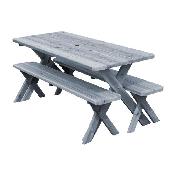 Western Red Cedar Crossleg Picnic Table with Two Benches Picnic Table 6ft / Gray Stain / Include Standard Size Umbrella Hole