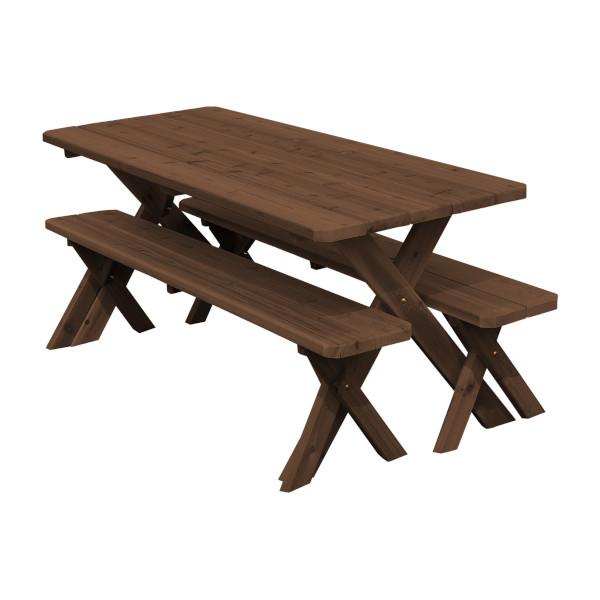 Western Red Cedar Crossleg Picnic Table with Two Benches Picnic Table 6ft / Mushroom Stain / Without Umbrella Hole