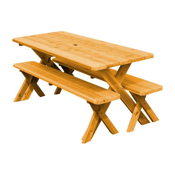 Western Red Cedar Crossleg Picnic Table with Two Benches Picnic Table 6ft / Natural Stain / Include Standard Size Umbrella Hole