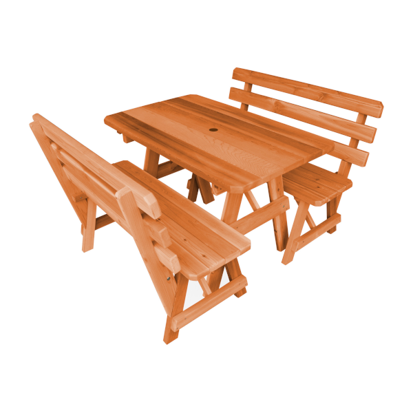 Western Red Cedar Picnic Table with 2 Backed Benches Picnic Table 4ft / Cedar Stain / Include Standard Size Umbrella Hole