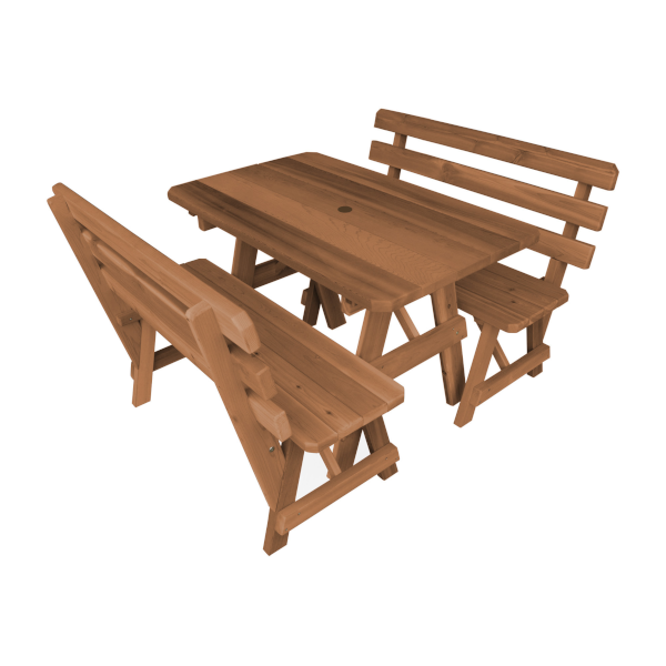 Western Red Cedar Picnic Table with 2 Backed Benches Picnic Table 4ft / Oak Stain / Include Standard Size Umbrella Hole