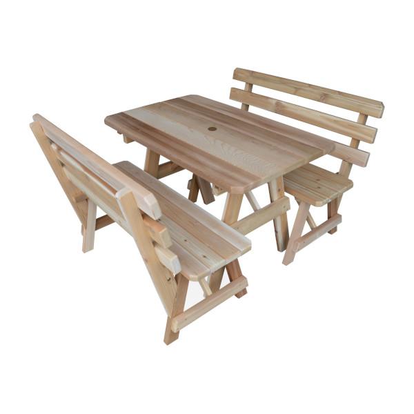 Western Red Cedar Picnic Table with 2 Backed Benches Picnic Table 4ft / Unfinished / Include Standard Size Umbrella Hole