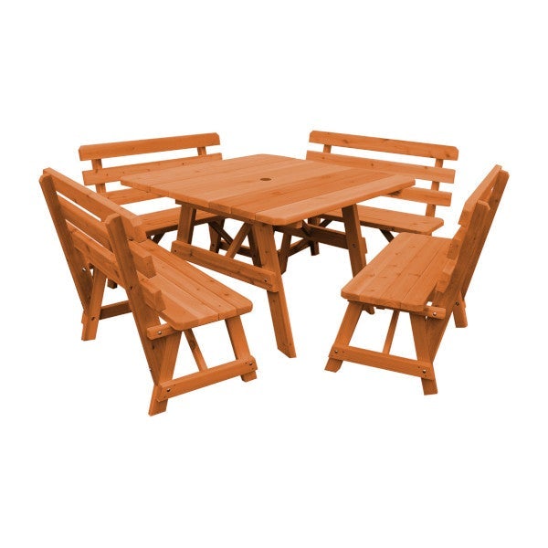 Western Red Cedar Square Table with 4 Backed Benches Picnic Table Cedar Stain / Include Standard Size Umbrella Hole