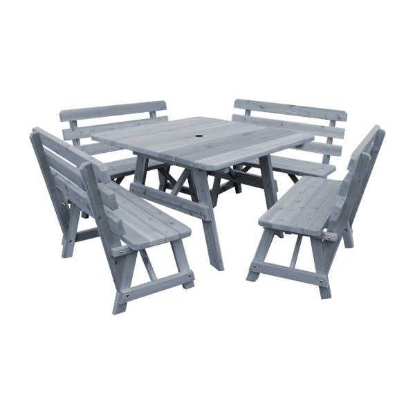 Western Red Cedar Square Table with 4 Backed Benches Picnic Table Gray Stain / Include Standard Size Umbrella Hole