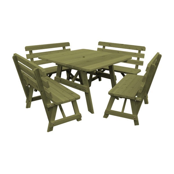 Western Red Cedar Square Table with 4 Backed Benches Picnic Table Linden Leaf Stain / Include Standard Size Umbrella Hole