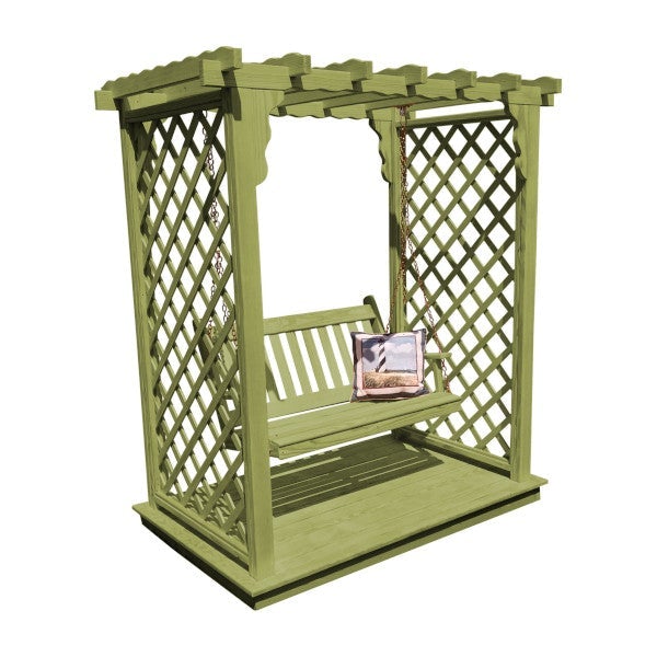 Yellow Pine Covington Arbor with Deck &amp; Swing Porch Swing 5ft / Linden Leaf Stain