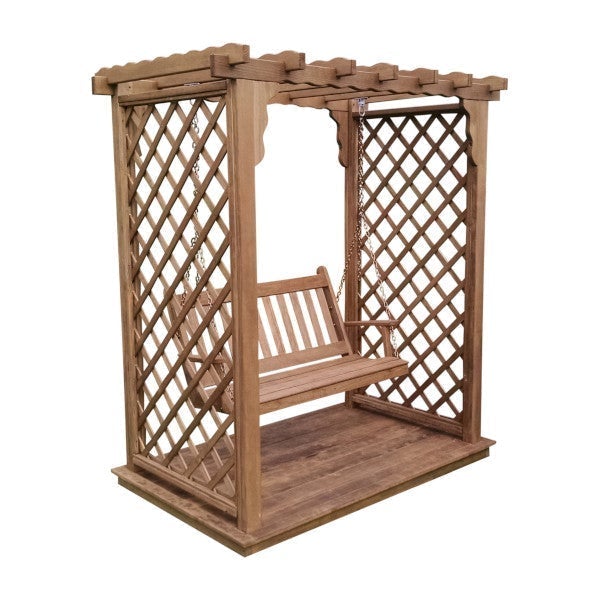 Yellow Pine Covington Arbor with Deck &amp; Swing Porch Swing 5ft / Mushroom Stain