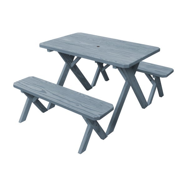 Yellow Pine Cross Legged Picnic Table with 2 Benches Picnic Table 4ft / Gray Stain / Include Standard Size Umbrella Hole