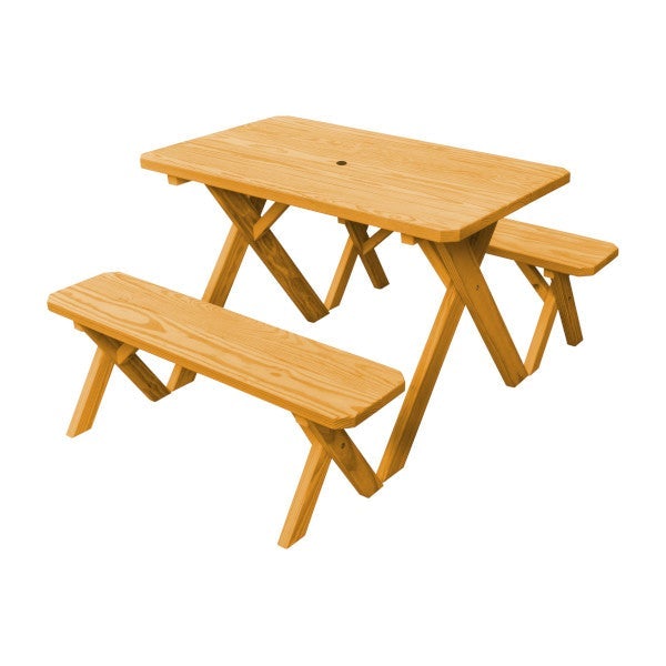 Yellow Pine Cross Legged Picnic Table with 2 Benches Picnic Table 4ft / Natural Stain / Include Standard Size Umbrella Hole