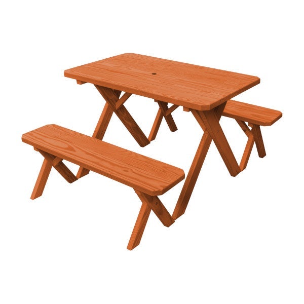 Yellow Pine Cross Legged Picnic Table with 2 Benches Picnic Table 4ft / Redwood Stain / Include Standard Size Umbrella Hole