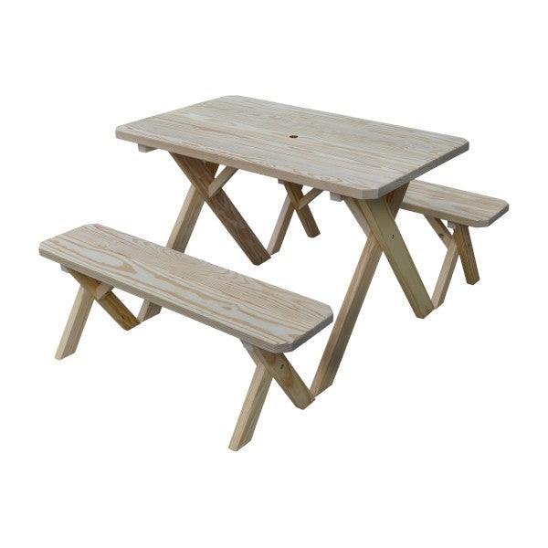 Yellow Pine Cross Legged Picnic Table with 2 Benches Picnic Table 4ft / Unfinished / Include Standard Size Umbrella Hole