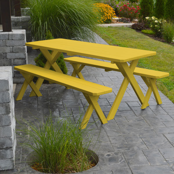 Yellow Pine Cross Legged Picnic Table with 2 Benches Size 6ft, 8ft Picnic Table 6ft / Canary Yellow Paint / Without Umbrella Hole