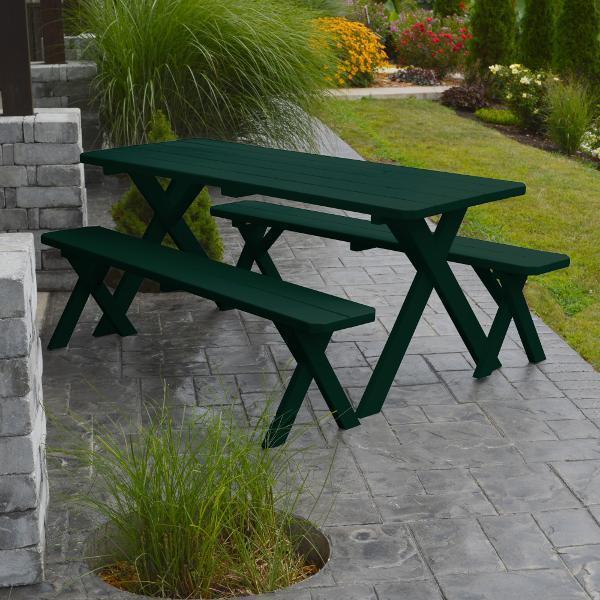 Yellow Pine Cross Legged Picnic Table with 2 Benches Size 6ft, 8ft Picnic Table 6ft / Dark Green Paint / Without Umbrella Hole