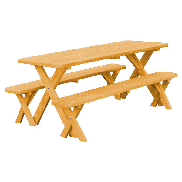 Yellow Pine Cross Legged Picnic Table with 2 Benches Size 6ft, 8ft Picnic Table 6ft / Natural Stain / Include Standard Size Umbrella Hole
