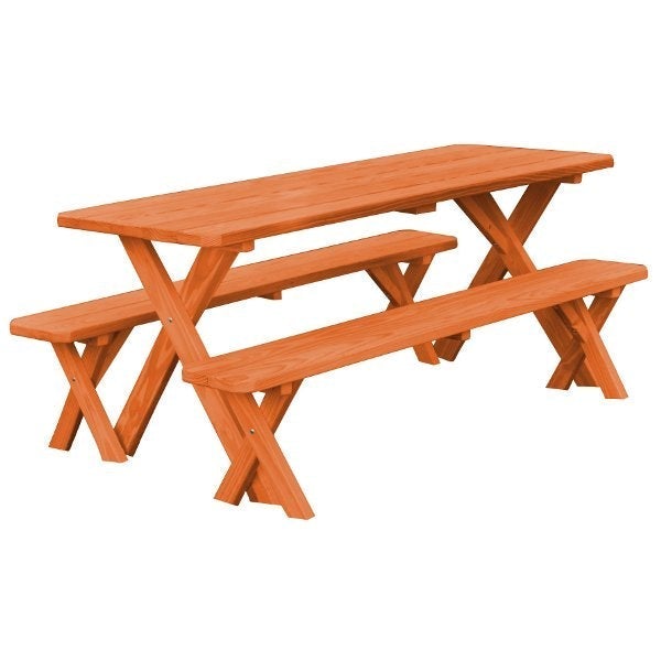 Yellow Pine Cross Legged Picnic Table with 2 Benches Size 6ft, 8ft Picnic Table 6ft / Redwood Stain / Without Umbrella Hole