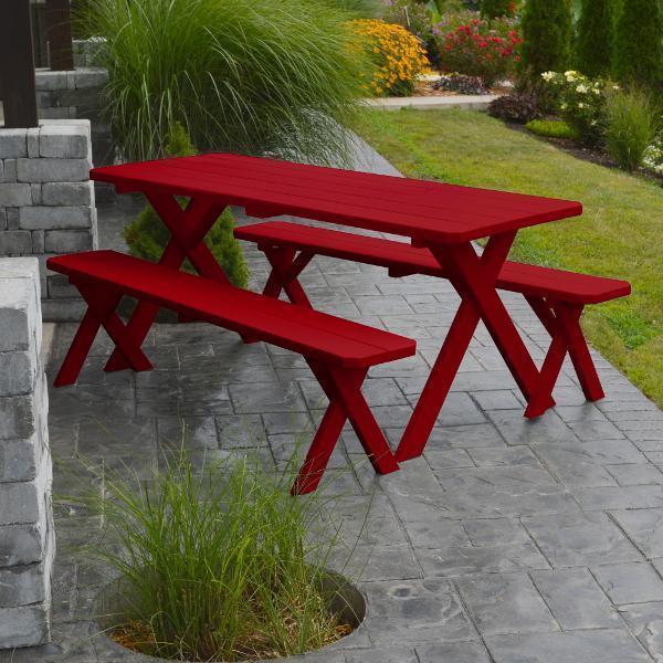 Yellow Pine Cross Legged Picnic Table with 2 Benches Size 6ft, 8ft Picnic Table 6ft / Tractor Red Paint / Without Umbrella Hole