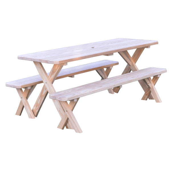 Yellow Pine Cross Legged Picnic Table with 2 Benches Size 6ft, 8ft Picnic Table 6ft / Unfinished / Include Standard Size Umbrella Hole