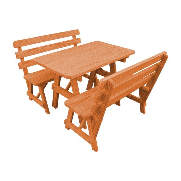 Yellow Pine Picnic Table with 2 Backed Benches Picnic Table 4ft / Cedar Stain / Without Umbrella Hole
