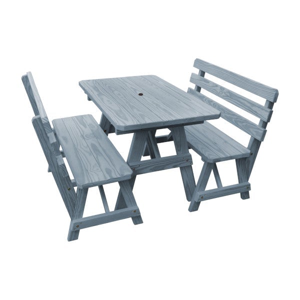 Yellow Pine Picnic Table with 2 Backed Benches Picnic Table 4ft / Gray Stain / Include Standard Size Umbrella Hole