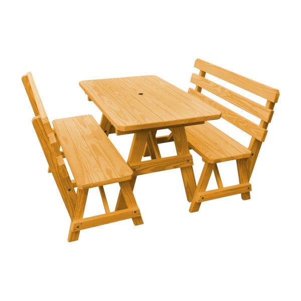 Yellow Pine Picnic Table with 2 Backed Benches Picnic Table 4ft / Natural Stain / Include Standard Size Umbrella Hole