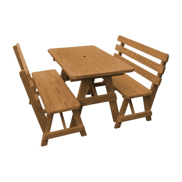 Yellow Pine Picnic Table with 2 Backed Benches Picnic Table 4ft / Oak Stain / Include Standard Size Umbrella Hole