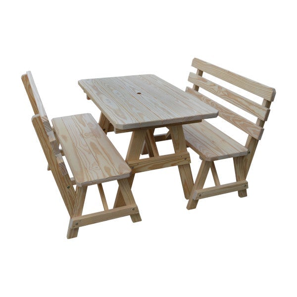 Yellow Pine Picnic Table with 2 Backed Benches Picnic Table 4ft / Unfinished / Include Standard Size Umbrella Hole