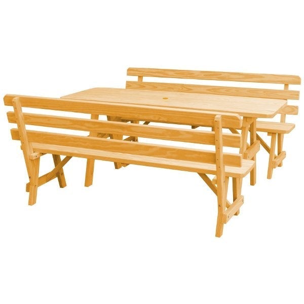 Yellow Pine Picnic Table with 2 Backed Benches Size 6ft - 8ft Picnic Table 6ft / Natural Stain / Include Standard Size Umbrella Hole