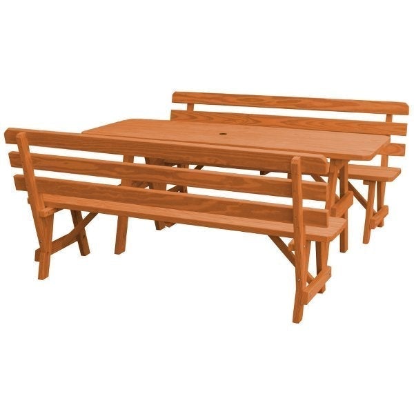 Yellow Pine Picnic Table with 2 Backed Benches Size 6ft - 8ft Picnic Table 6ft / Redwood Stain / Include Standard Size Umbrella Hole