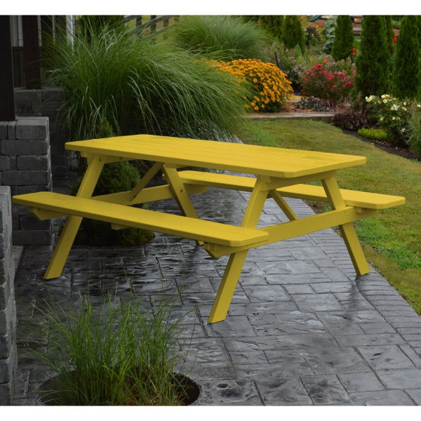 Yellow Pine Picnic Table with Attached Benches Picnic Table