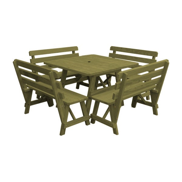 Yellow Pine Square Picnic Table with 4 Backed Benches Picnic Table Linden Leaf Stain / Include Standard Size Umbrella Hole