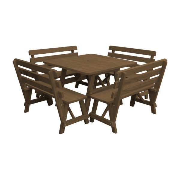 Yellow Pine Square Picnic Table with 4 Backed Benches Picnic Table Mushroom Stain / Include Standard Size Umbrella Hole