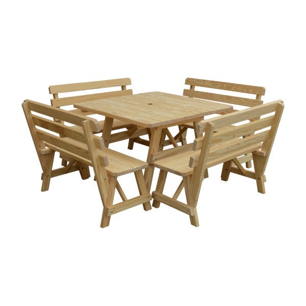 Yellow Pine Square Picnic Table with 4 Backed Benches Picnic Table Unfinished / Include Standard Size Umbrella Hole
