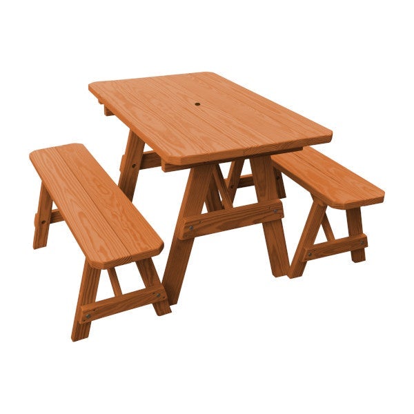 Yellow Pine Traditional Picnic Table with 2 Benches Picnic Table 4ft / Cedar Stain / Include Standard Size Umbrella Hole