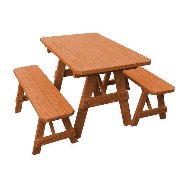 Yellow Pine Traditional Picnic Table with 2 Benches Picnic Table 4ft / Cedar Stain / Without Umbrella Hole