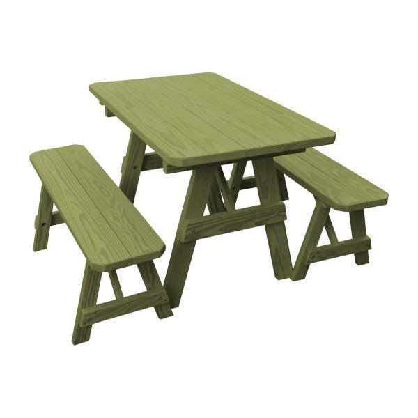 Yellow Pine Traditional Picnic Table with 2 Benches Picnic Table 4ft / Linden Leaf Stain / Without Umbrella Hole
