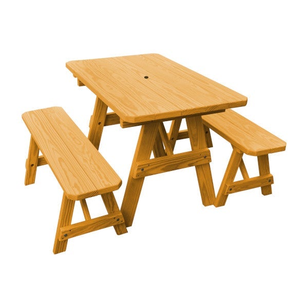 Yellow Pine Traditional Picnic Table with 2 Benches Picnic Table 4ft / Natural Stain / Include Standard Size Umbrella Hole