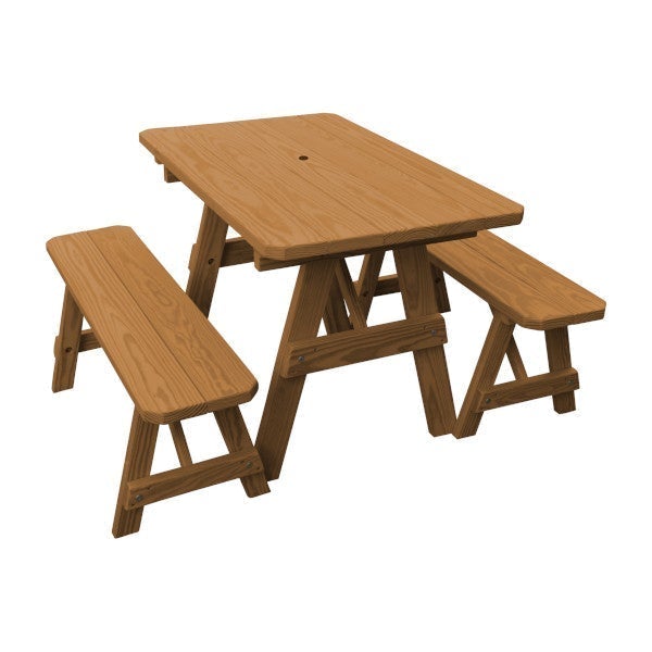 Yellow Pine Traditional Picnic Table with 2 Benches Picnic Table 4ft / Oak Stain / Include Standard Size Umbrella Hole