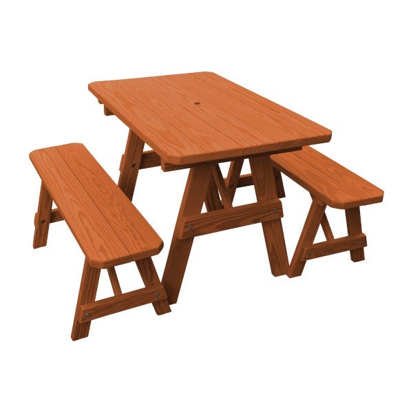 Yellow Pine Traditional Picnic Table with 2 Benches Picnic Table 4ft / Redwood Stain / Include Standard Size Umbrella Hole