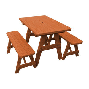 Yellow Pine Traditional Picnic Table with 2 Benches Picnic Table 4ft / Redwood Stain / Include Standard Size Umbrella Hole