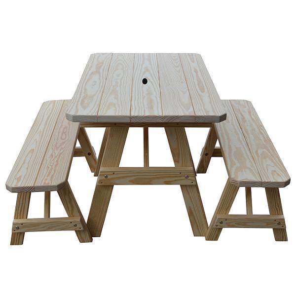 Yellow Pine Traditional Picnic Table with 2 Benches Picnic Table 4ft / Unfinished / Include Standard Size Umbrella Hole