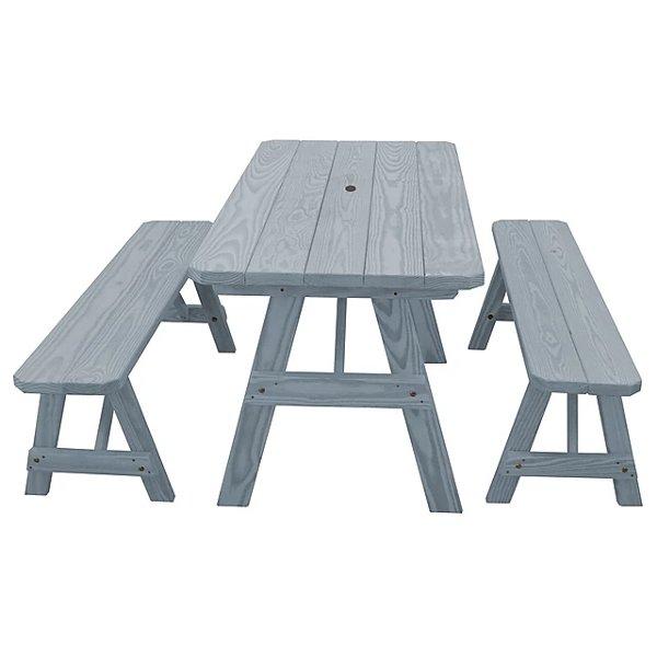 Yellow Pine Traditional Picnic Table with 2 Benches Picnic Table 5ft / Gray Stain / Include Standard Size Umbrella Hole