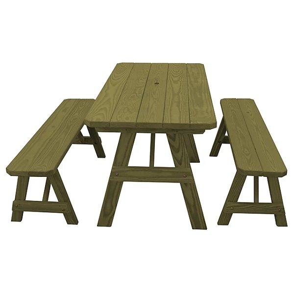 Yellow Pine Traditional Picnic Table with 2 Benches Picnic Table 5ft / Linden Leaf Stain / Include Standard Size Umbrella Hole