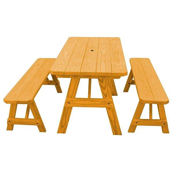 Yellow Pine Traditional Picnic Table with 2 Benches Picnic Table 5ft / Natural Stain / Include Standard Size Umbrella Hole