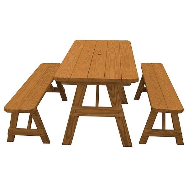 Yellow Pine Traditional Picnic Table with 2 Benches Picnic Table 5ft / Oak Stain / Include Standard Size Umbrella Hole