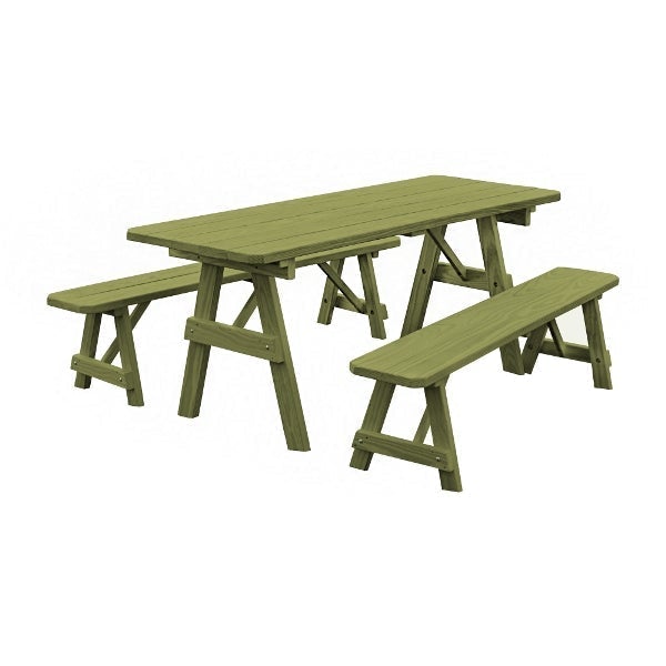 Yellow Pine Traditional Picnic Table with 2 Benches – Size 6ft and 8ft Picnic Table 6ft / Linden Leaf Stain / Without Umbrella Hole